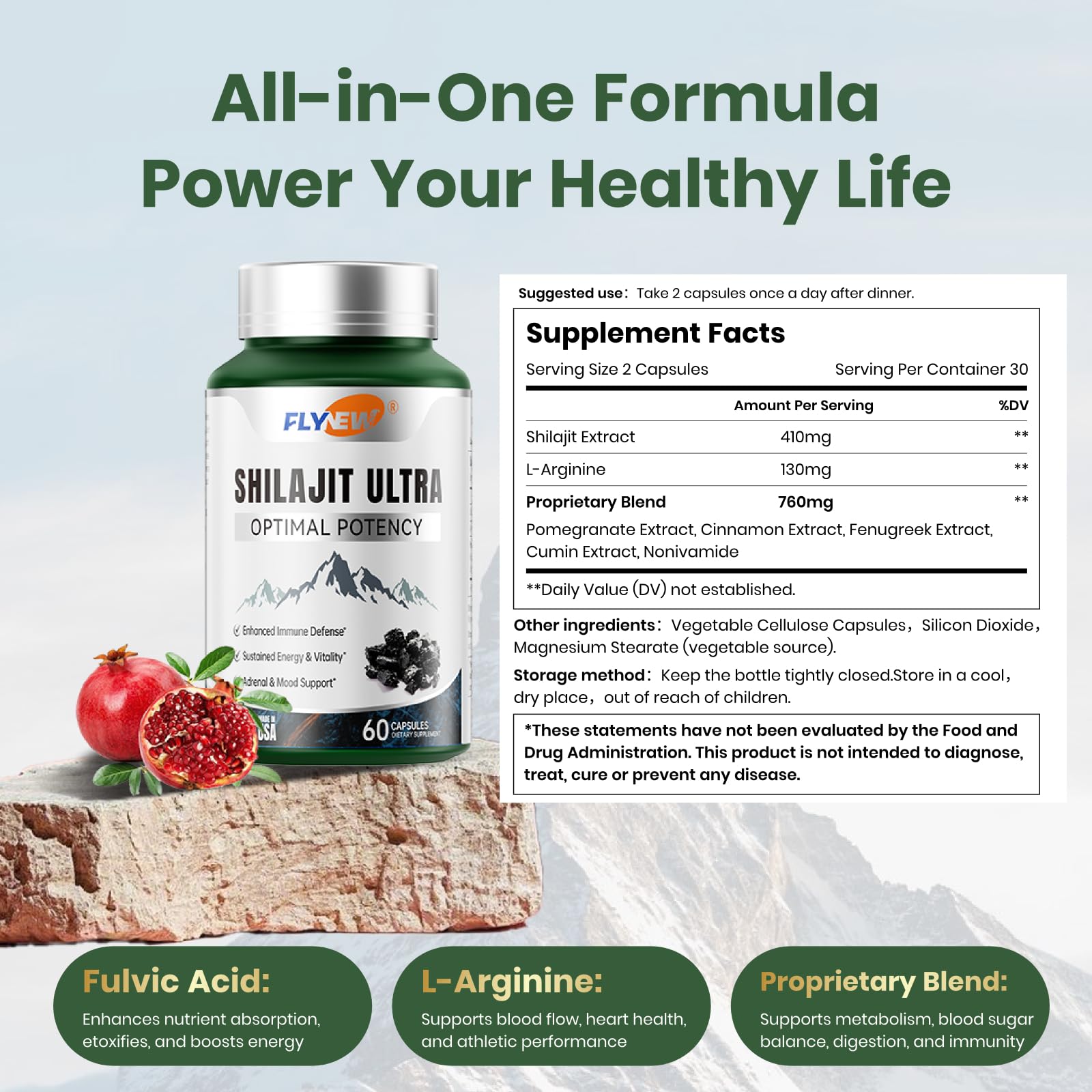 Shilajit for Men Women, Shilajit with Naturally Fulvic Acid & L-Arginine, Himalayan Shilajits for Extra Power, Stamina & Immune Support, Non-GMO, Made in USA, 60 Capsules, 1,300mg Per Serving