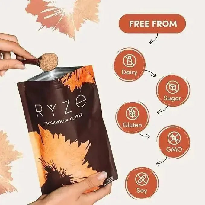 RYZE SUPERFOODS Mushroom Medium Roast Coffee USDA Organic with 6 Adaptogenic Mushrooms, USA Grown Instant Coffee for Better Energy, Focus Digestion Immunity with Lions Mane & Turkey Tail 30 Servings